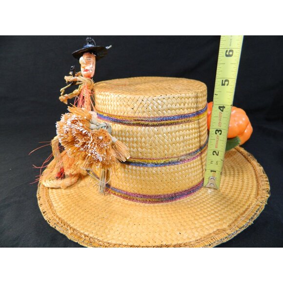 Vtg Italian Straw Hat With Figurine & Accents 1950s Boater Gatsby Autumn Fall - Picture 16 of 16